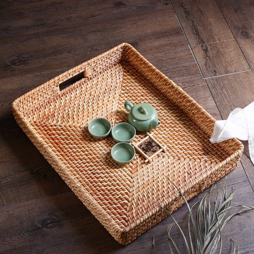 Khay mây tre đan chữ nhật có tay xách - Giỏ mây tre - The bamboo